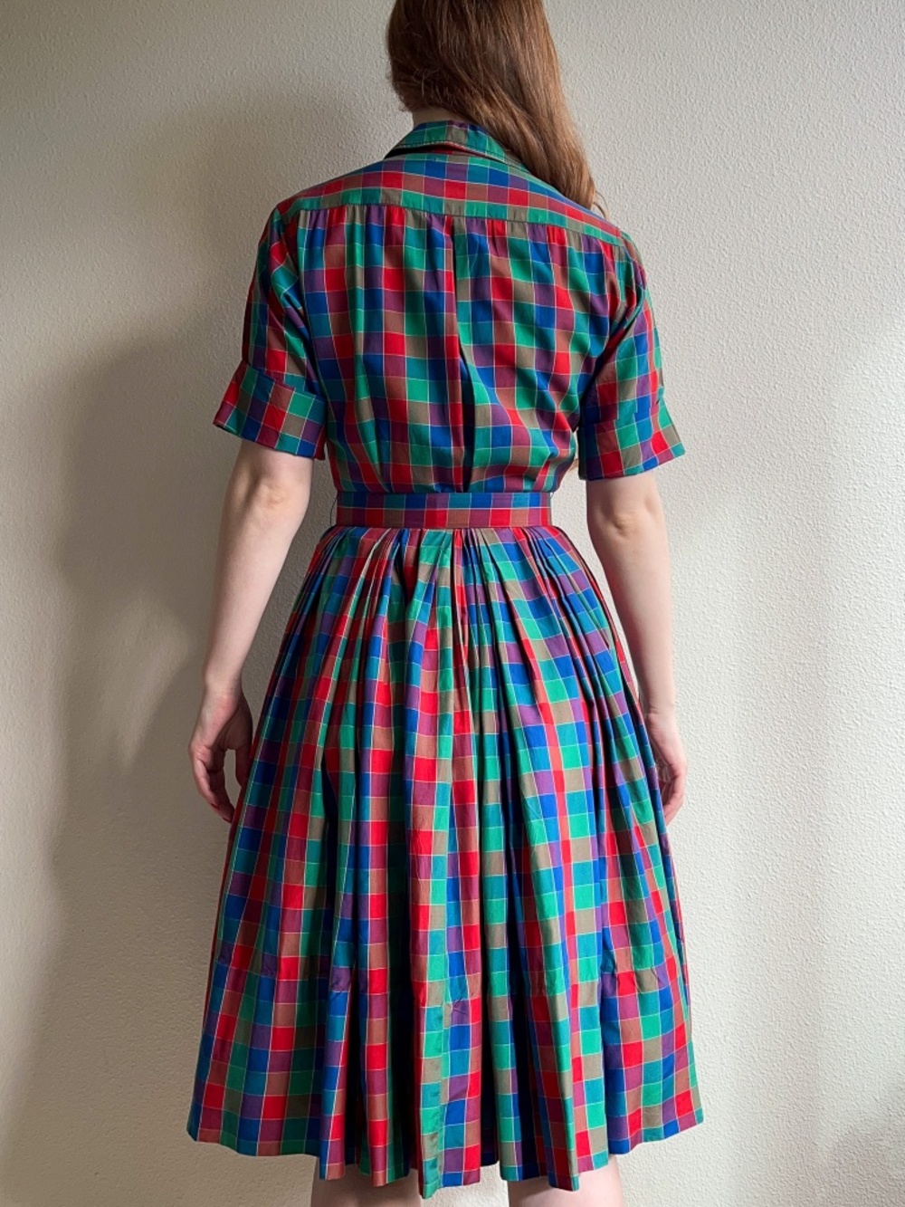 Gorgeous Vintage 1950s Red, Green, and Blue Plaid Silk Dress (S) - Picture 5 of 15